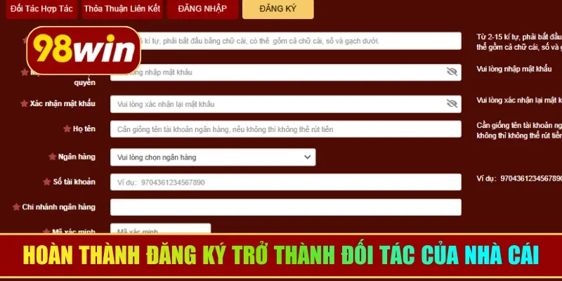 Hoàn thành đăng ký trở thành đối tác của nhà cái